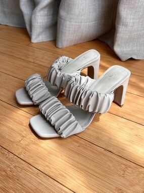 Ruched Slip-on Block Heel Sandals in Beige Gray by H&M